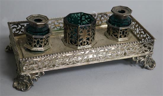 An early Victorian pierced silver inkstand by John Edward Terry, London, 1842, 15.3 oz.